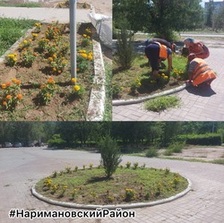 В Нариманове обновляют зеленые зоны и цветочные клумбы